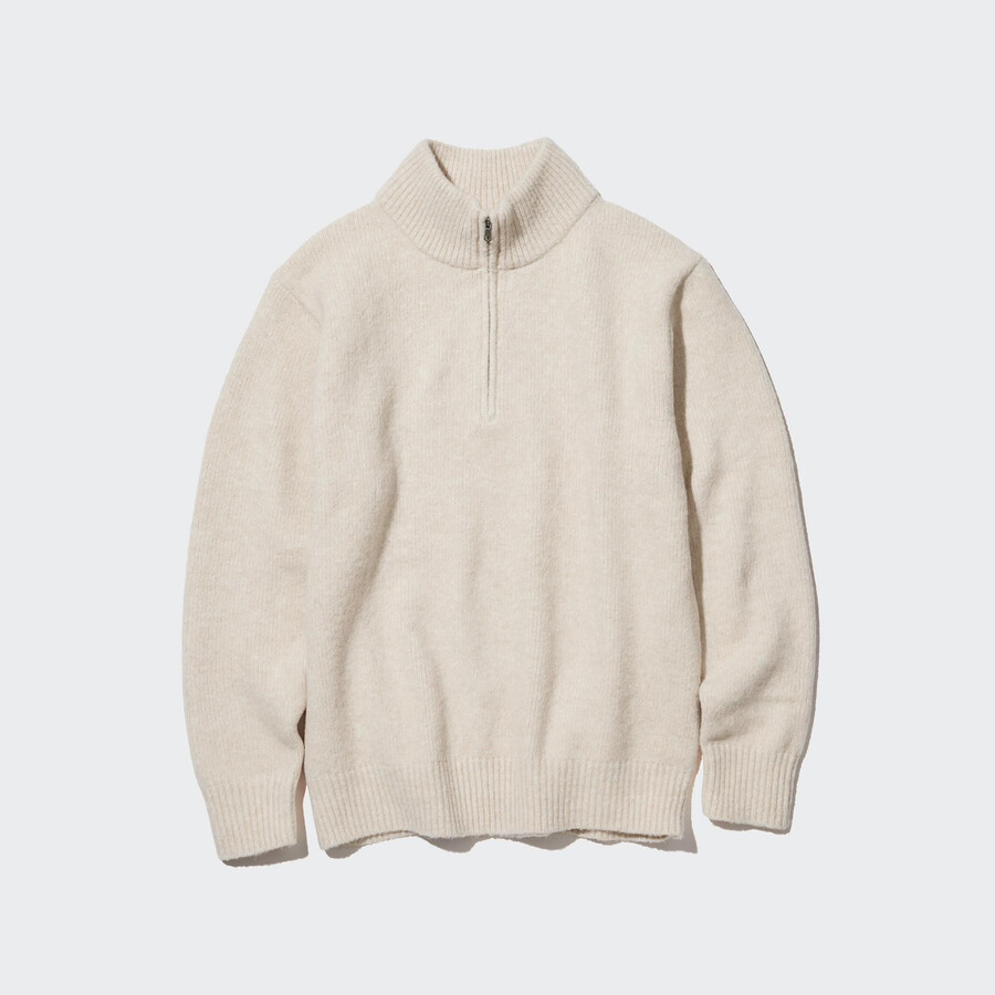 uniqlo herrenpullover aus souffle-garn mit halbem reißverschluss beige