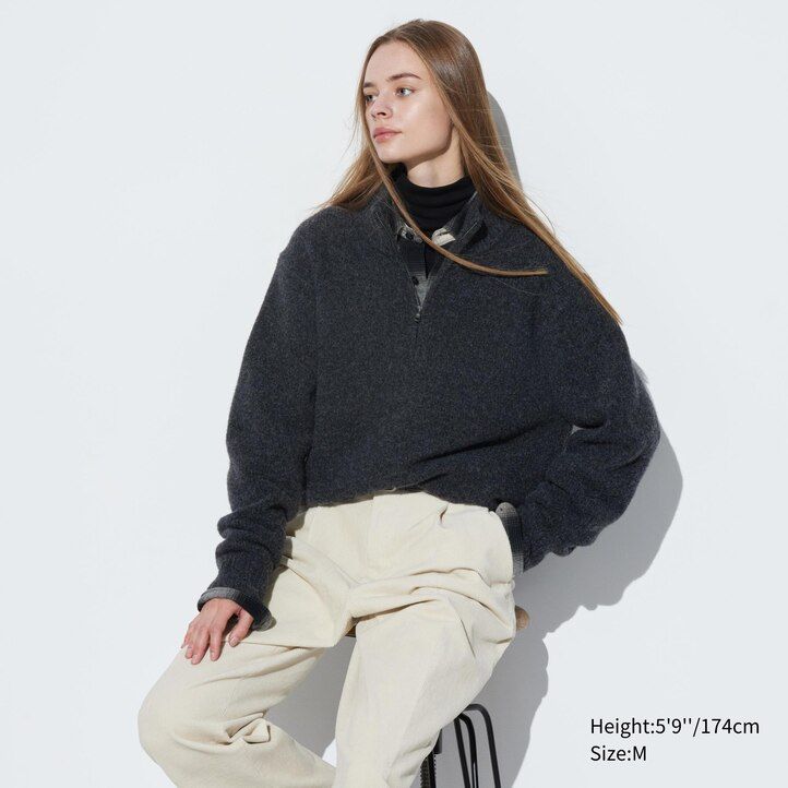 uniqlo herrenpullover aus souffle-garn mit halbem reißverschluss beige