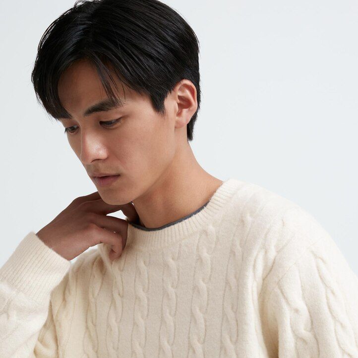uniqlo herren-pullover mit rundhalsausschnitt weiß aus souffle-garnstrick.
