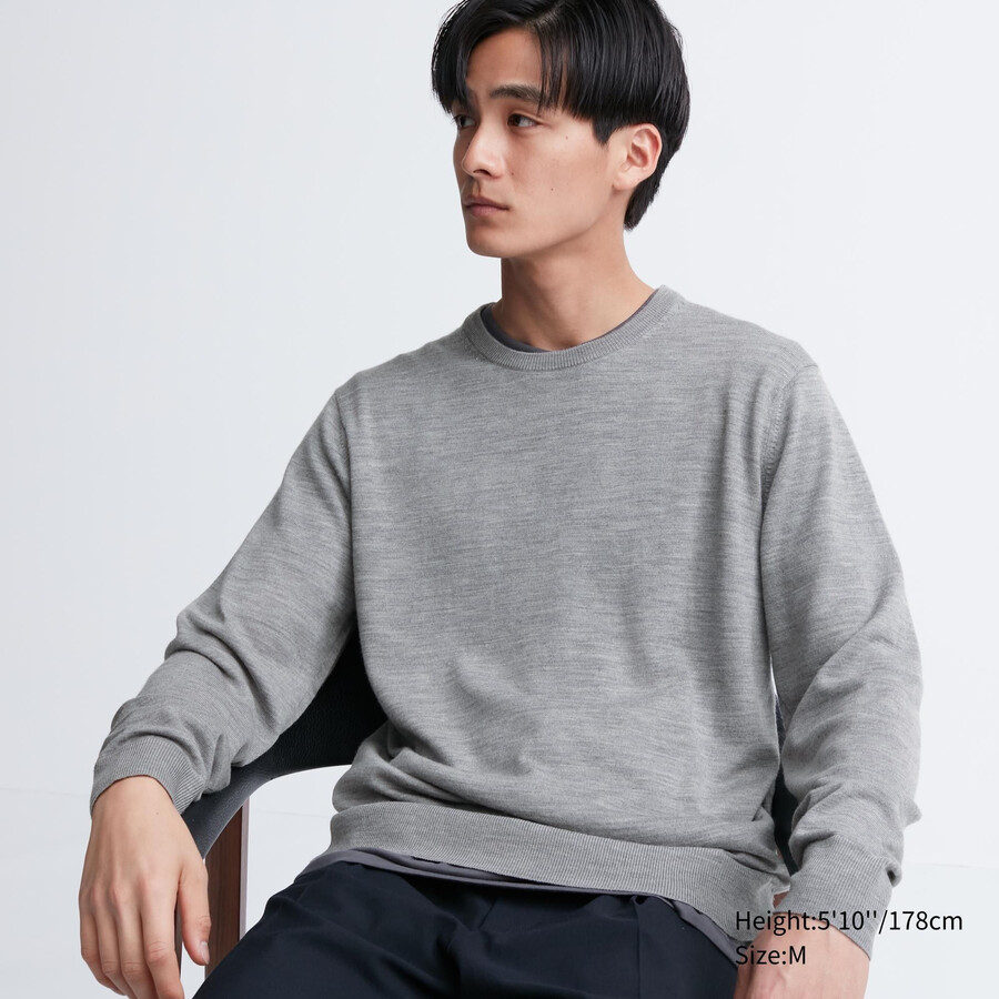 grauer uniqlo herrenpullover aus 100 extrafeiner merinowolle mit rundhalsausschnitt