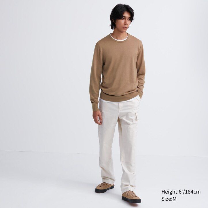 grauer uniqlo herrenpullover aus 100 extrafeiner merinowolle mit rundhalsausschnitt