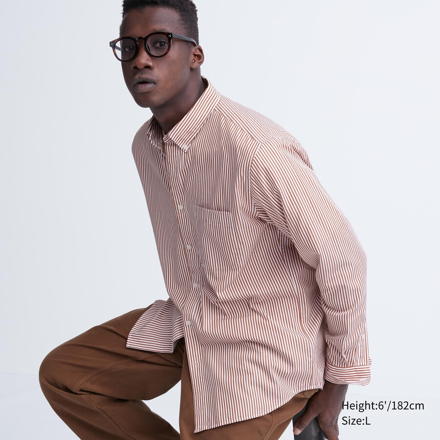 orangefarbenes uniqlo herrenhemd aus extrafeinem baumwoll-broadcloth mit streifenmuster normaler passform und button-down-kragen extrafein.