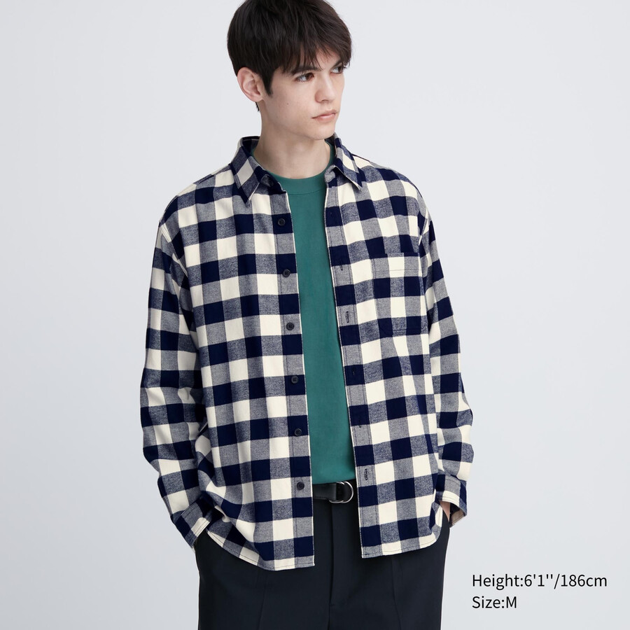 weiße uniqlo herren-flanellhemden mit normaler passform und karomuster sowie normalem kragen