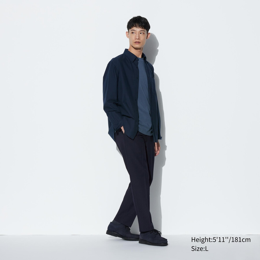 marineblaue herrenanzüge von uniqlo aus smart wool in knöchellänge
