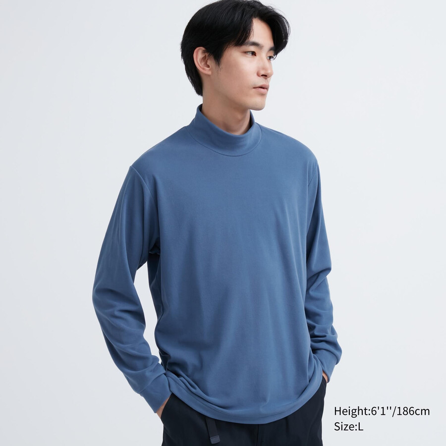 blaue uniqlo herren-fleece-stretch-t-shirts mit stehkragen und Ärmeln