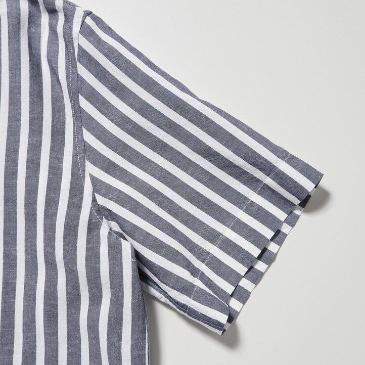 uniqlo damenbluse aus leinenmischgewebe mit streifenmuster offenem kragen und Ärmeln hellblau