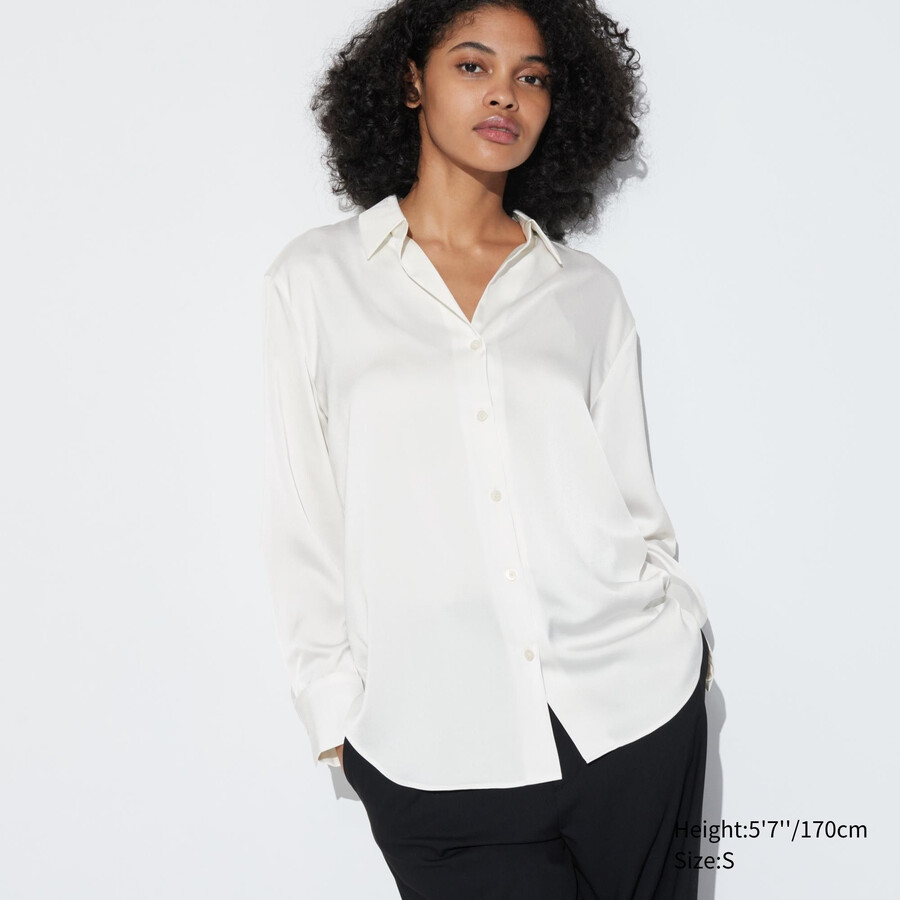weiße uniqlo damenbluse mit satinärmeln