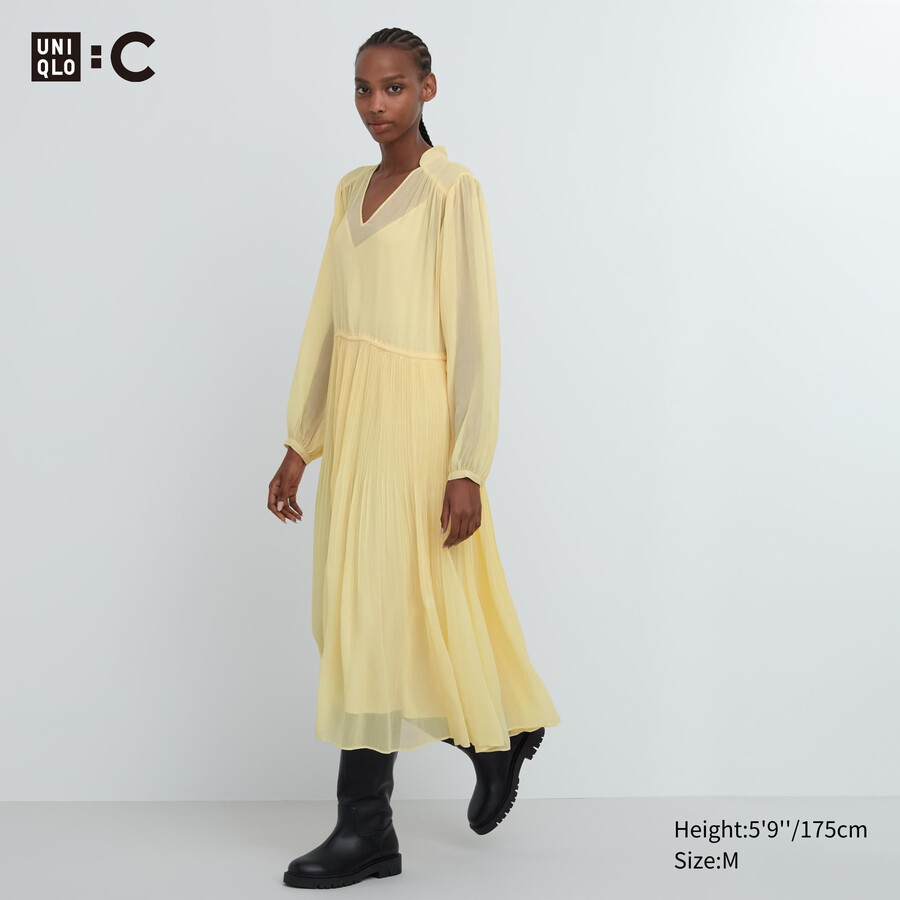 uniqlo damen-chiffonkleid mit faltenärmeln gelb