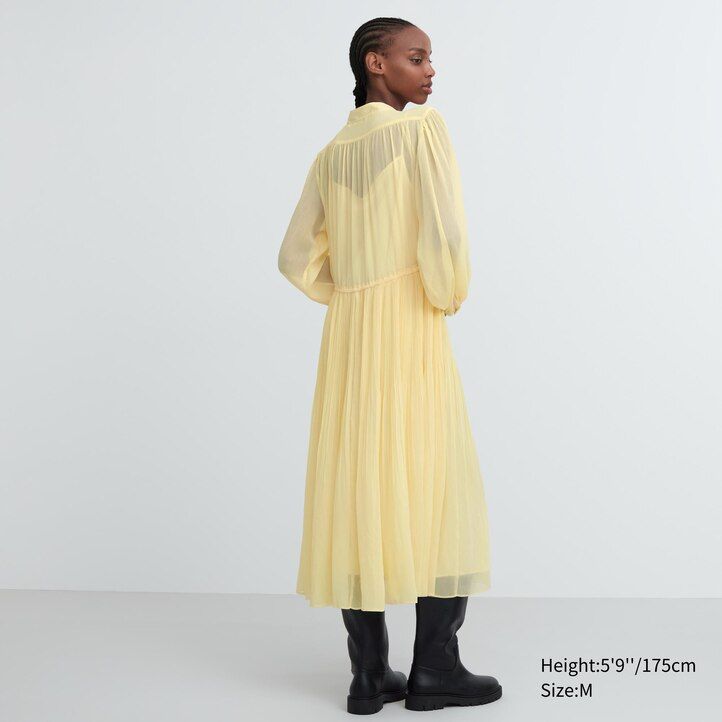 uniqlo damen-chiffonkleid mit faltenärmeln gelb