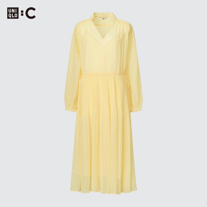 uniqlo damen-chiffonkleid mit faltenärmeln gelb