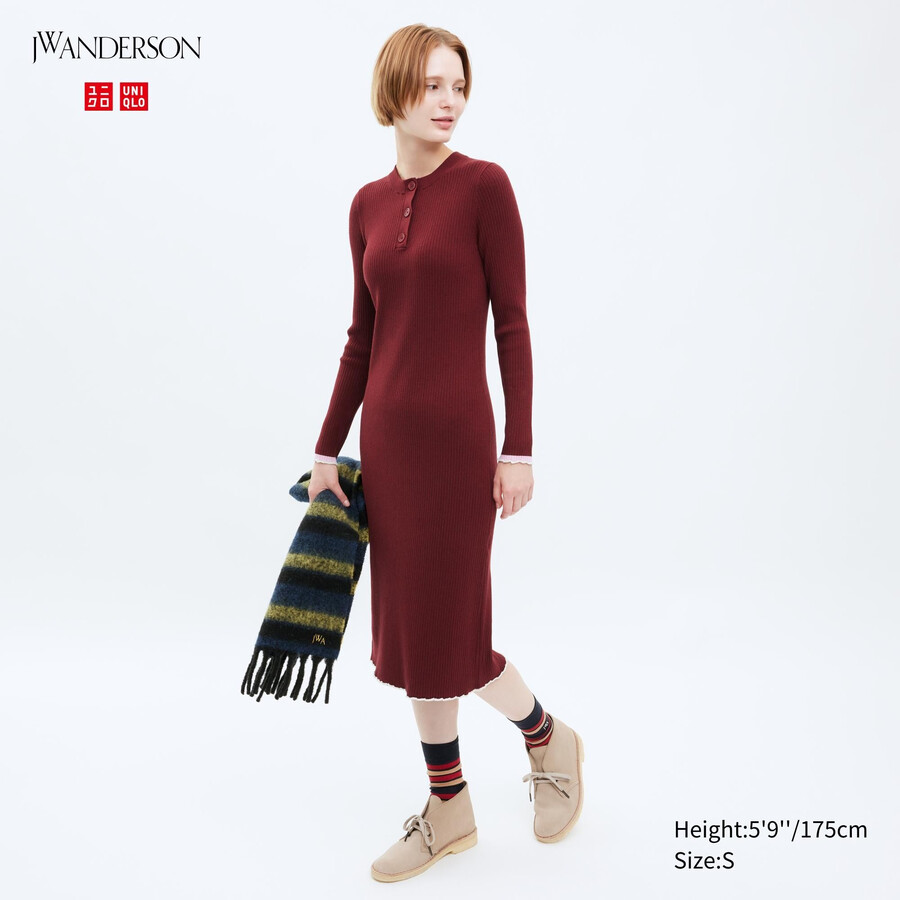 uniqlo damenkleid mit rippstrickärmeln rot