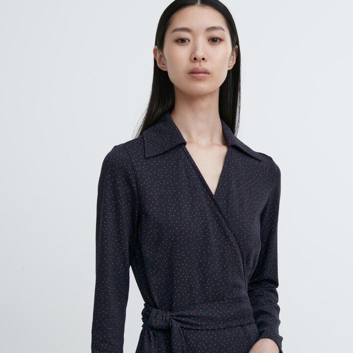 braunes uniqlo wickelkleid mit print und Ärmeln für damen