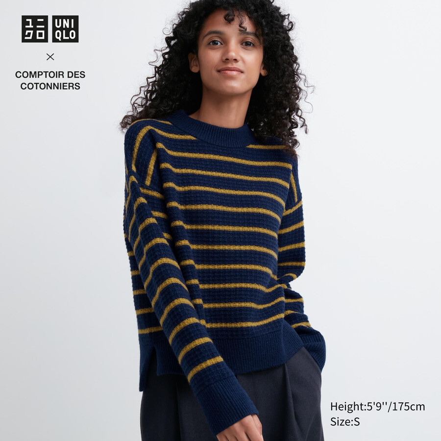 uniqlo damen-pullover aus lammwolle mit streifenmuster marineblau