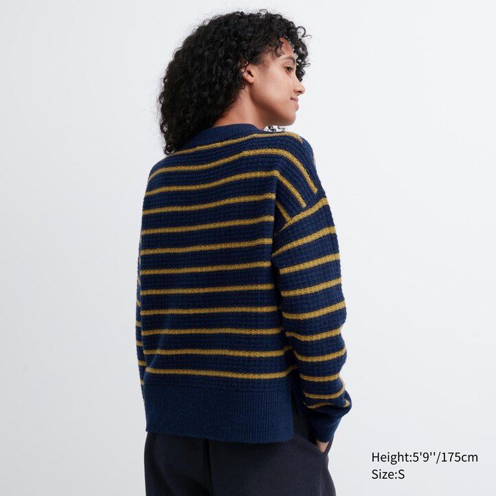 uniqlo damen-pullover aus lammwolle mit streifenmuster marineblau