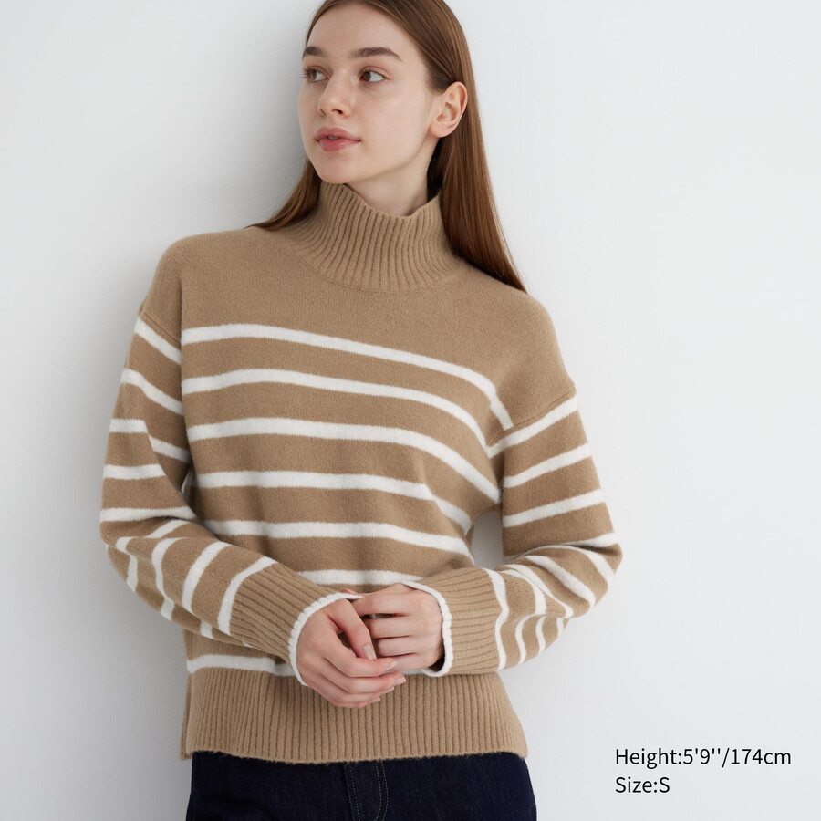 uniqlo damen-pullover mit stehkragen gestreift aus souffle-garn beige