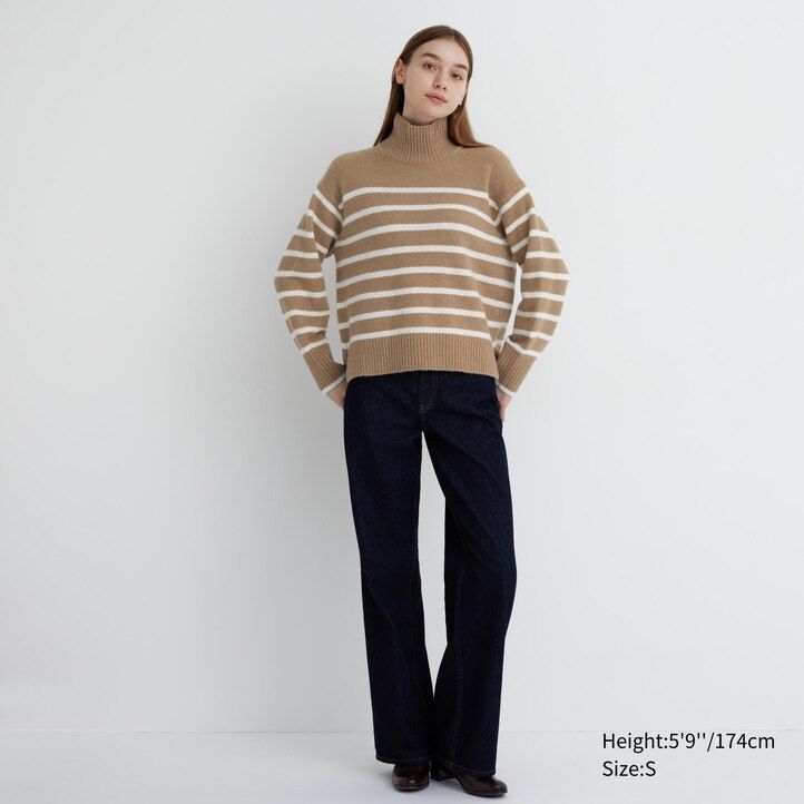 uniqlo damen-pullover mit stehkragen gestreift aus souffle-garn beige