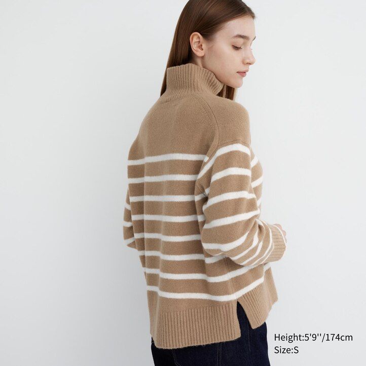 uniqlo damen-pullover mit stehkragen gestreift aus souffle-garn beige