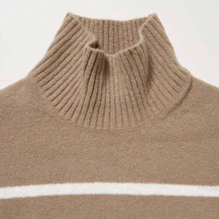 uniqlo damen-pullover mit stehkragen gestreift aus souffle-garn beige