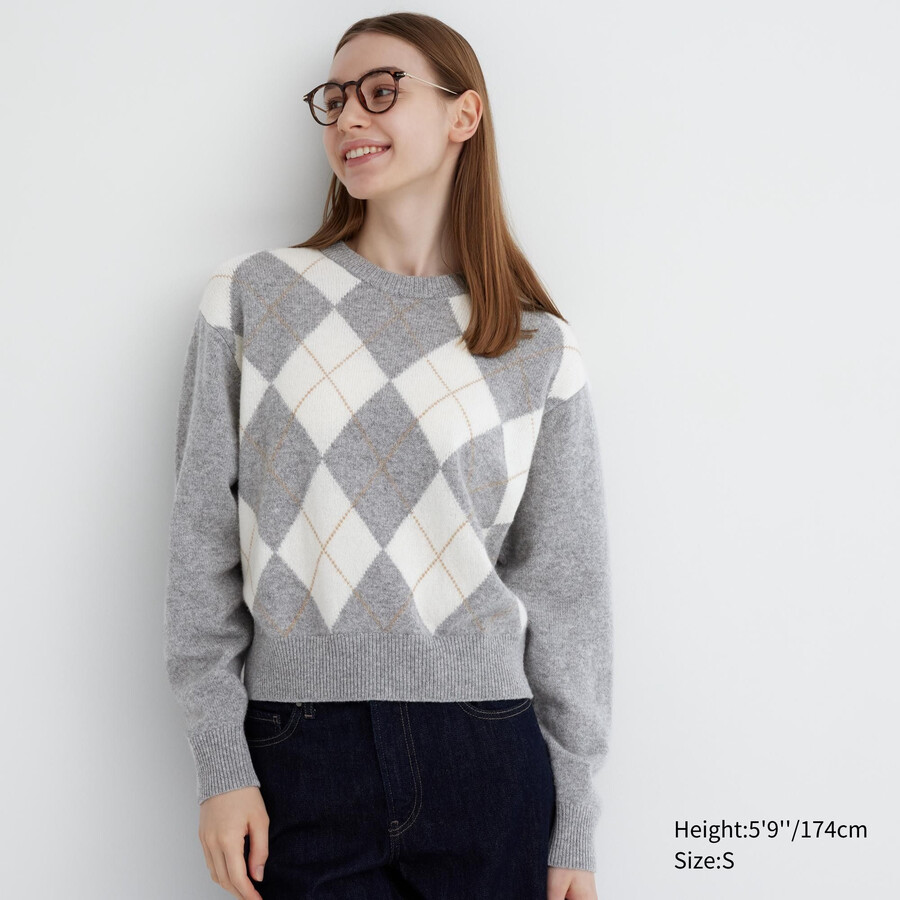 uniqlo damen-pullover aus premium-lammwolle mit argyle-muster und rundhalsausschnitt hellgrau
