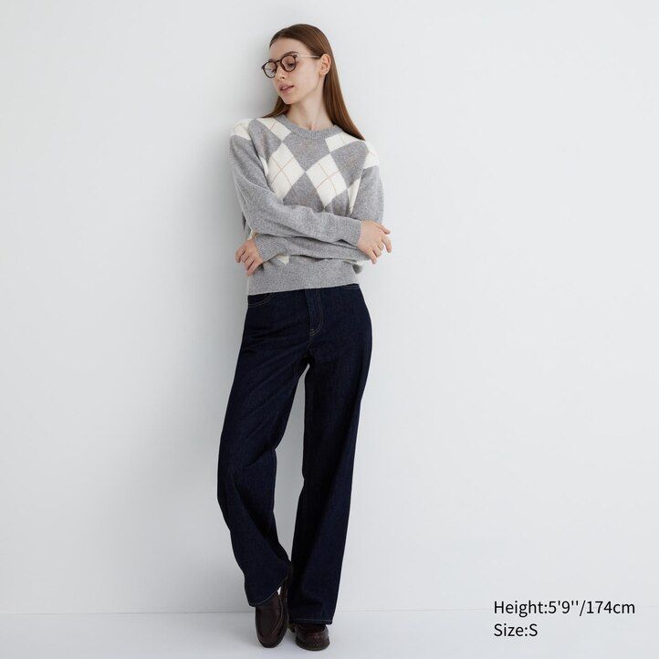uniqlo damen-pullover aus premium-lammwolle mit argyle-muster und rundhalsausschnitt hellgrau