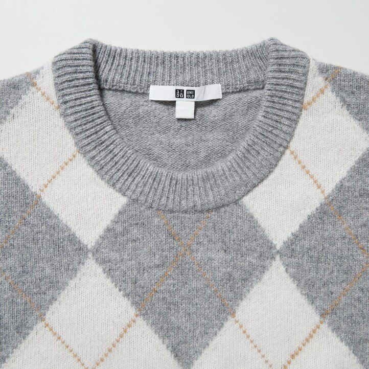 uniqlo damen-pullover aus premium-lammwolle mit argyle-muster und rundhalsausschnitt hellgrau