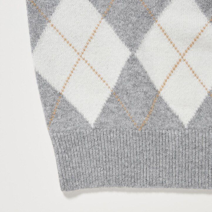 uniqlo damen-pullover aus premium-lammwolle mit argyle-muster und rundhalsausschnitt hellgrau