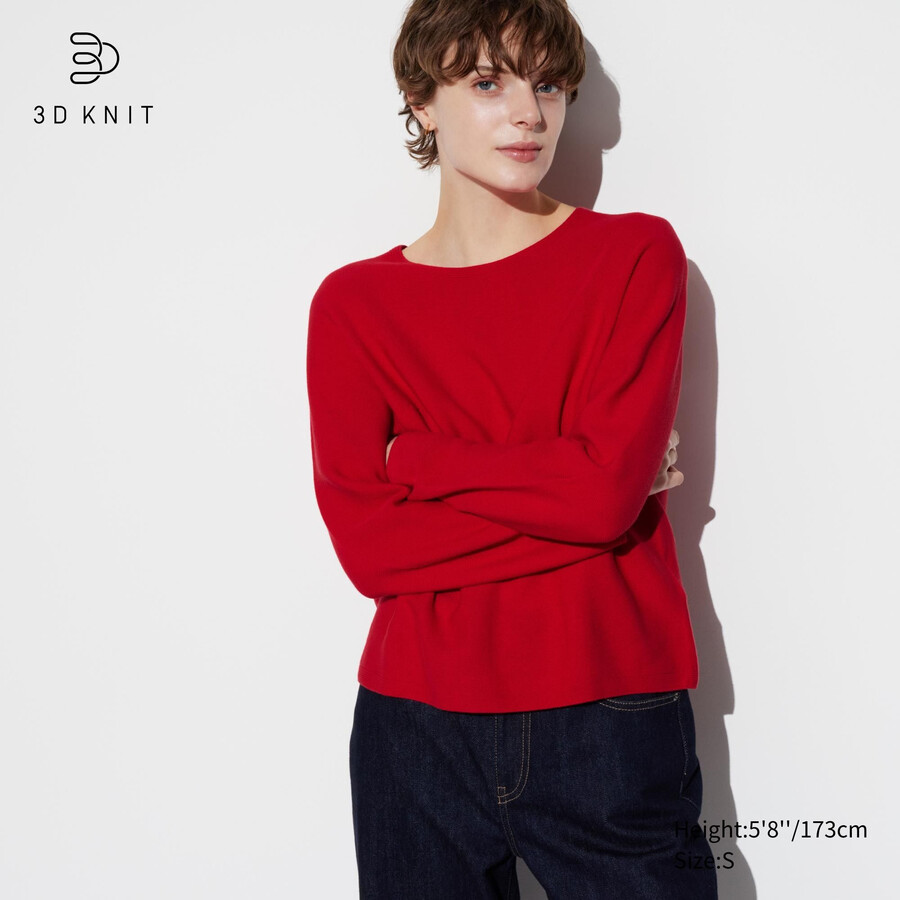 uniqlo 3d-strickpullover aus nahtloser baumwolle mit rundhalsausschnitt damen rot