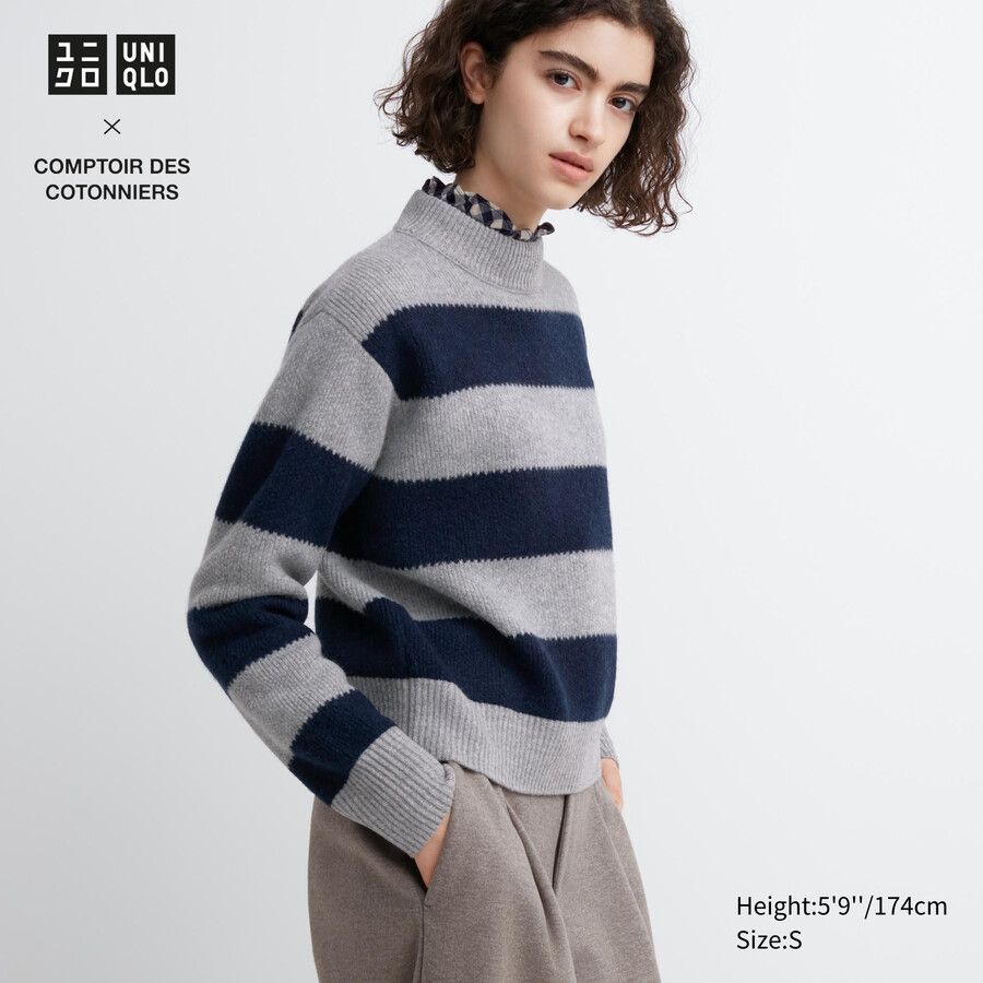 uniqlo damenpullover aus lammwolle mit streifenmuster grau
