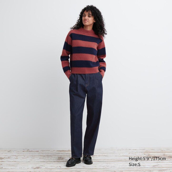 uniqlo damenpullover aus lammwolle mit streifenmuster grau