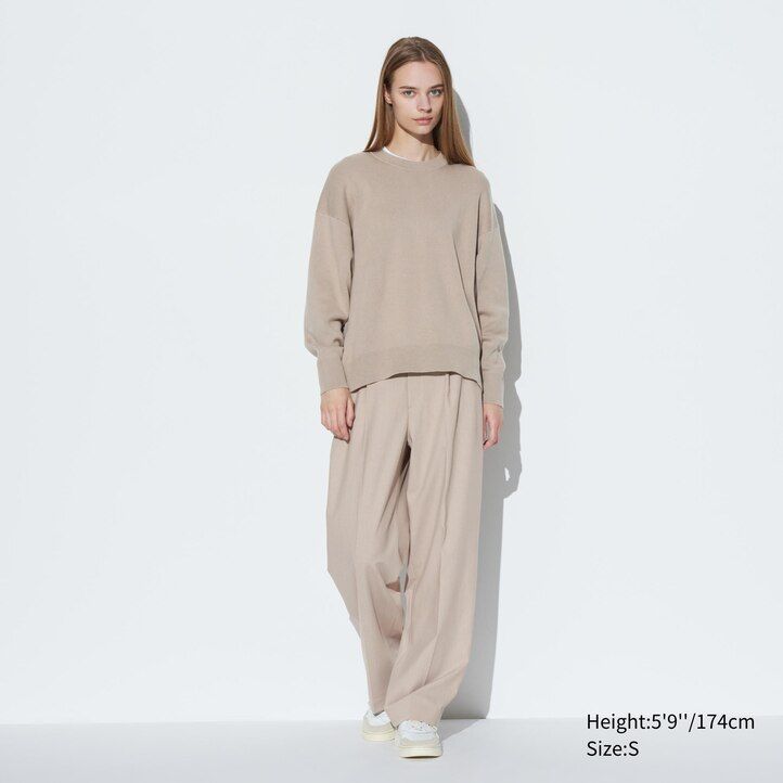 blauer uniqlo damenpullover aus glatter baumwolle mit lockerer passform und rundhalsausschnitt