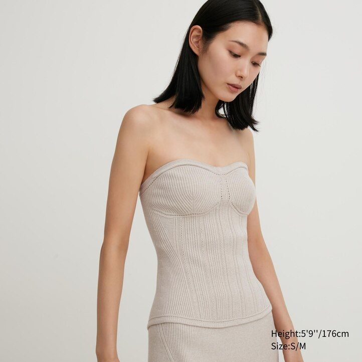 beige uniqlo 3d-strick-nahtlos-soufflé-garn-rippstrick-bustier-damenpullover