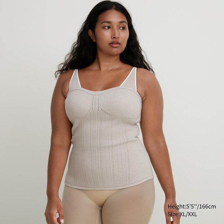 beige uniqlo 3d-strick-nahtlos-soufflé-garn-rippstrick-bustier-damenpullover