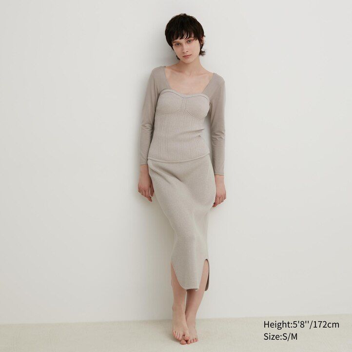 beige uniqlo 3d-strick-nahtlos-soufflé-garn-rippstrick-bustier-damenpullover