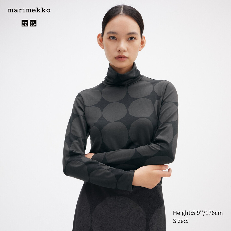 dunkelgraue uniqlo heattech dot print thermo-t-shirts mit Ärmeln für damen
