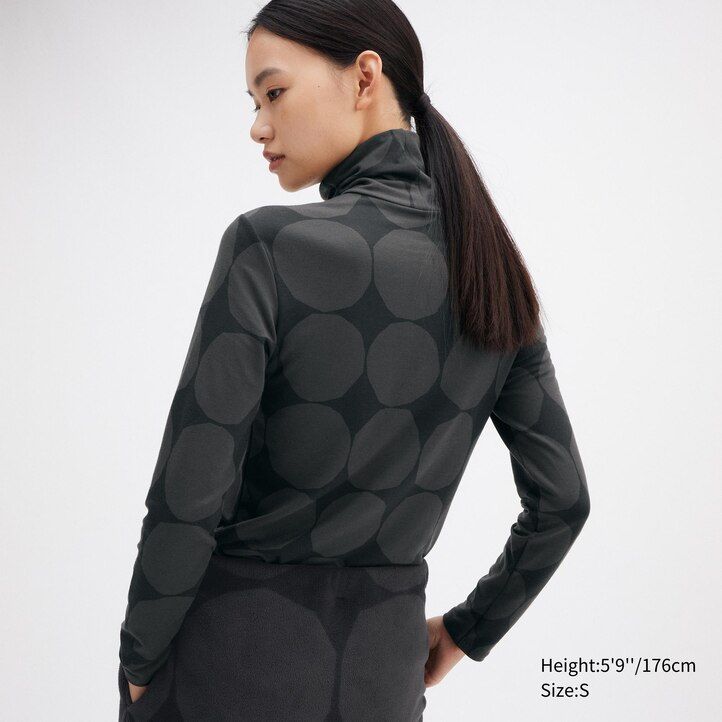 dunkelgraue uniqlo heattech dot print thermo-t-shirts mit Ärmeln für damen