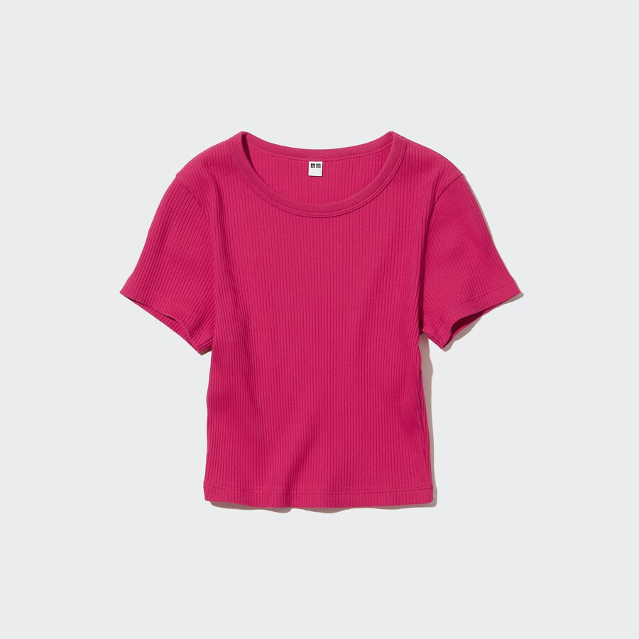 pinkfarbene uniqlo rippstrick-crop-tops mit rundhalsausschnitt für damen