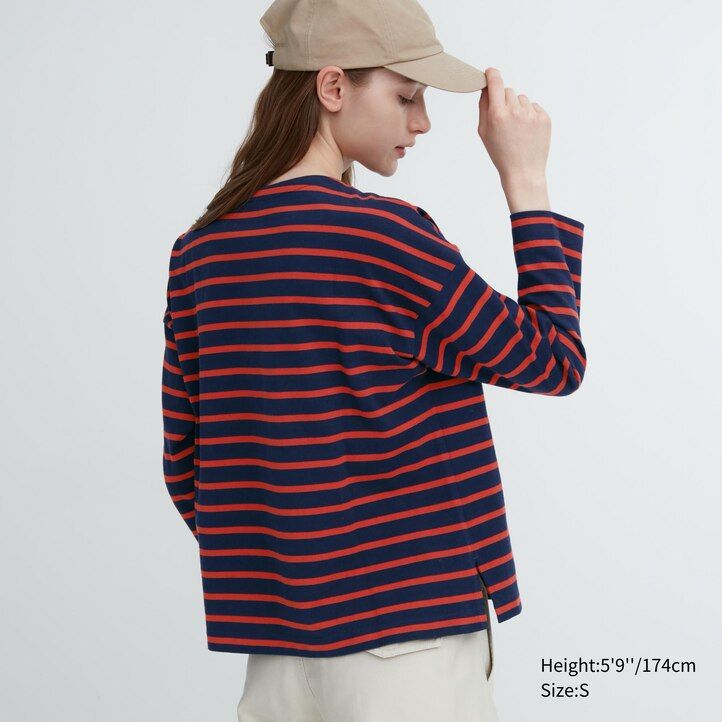 uniqlo damen-t-shirt mit streifen und Ärmeln weiß