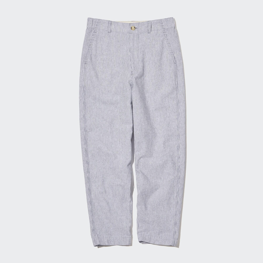 blaue gestreifte taillierte damen-tops von uniqlo aus leinen-baumwoll-mischgewebe
