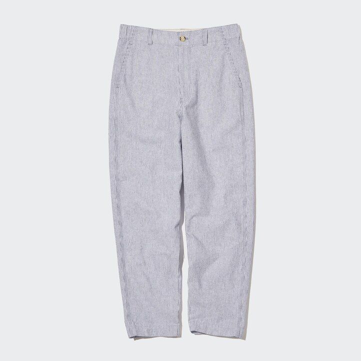 blaue gestreifte taillierte damen-tops von uniqlo aus leinen-baumwoll-mischgewebe