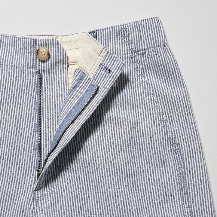 blaue gestreifte taillierte damen-tops von uniqlo aus leinen-baumwoll-mischgewebe