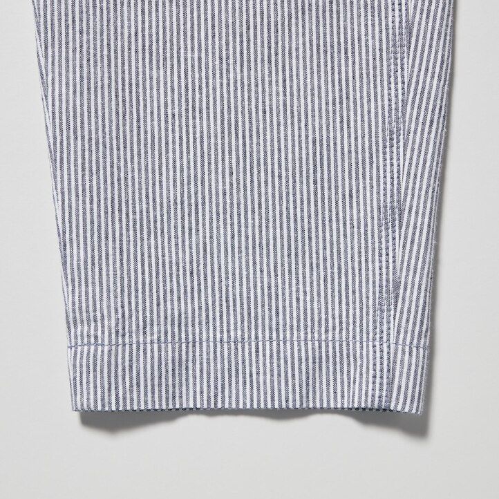 blaue gestreifte taillierte damen-tops von uniqlo aus leinen-baumwoll-mischgewebe